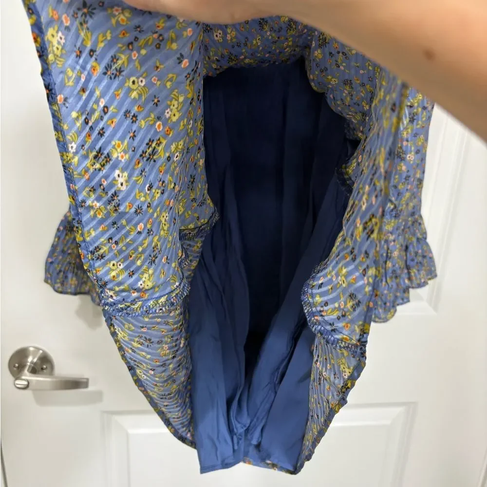 NWT Free People Blue Floral Ruffle Mini Dress Long Bell Sleeves Size 4